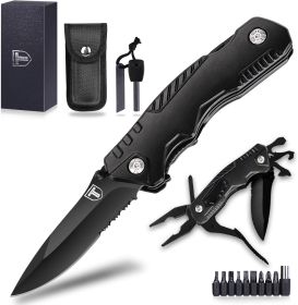 Pocket Knife 9 in1 Multi-tool Tactical Knife with Blade Saw Pliers Screwdriver Bottle Opener Full Stainless Steel Folding Knife (Color: Black)