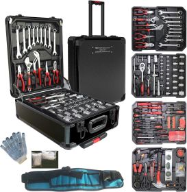 Arcwares 799pcs Aluminum Trolley Case Tool Set Silver, House Repair Kit Set, Household Hand Tool Set, with Tool Belt,Gift on Fat (Color: Black)