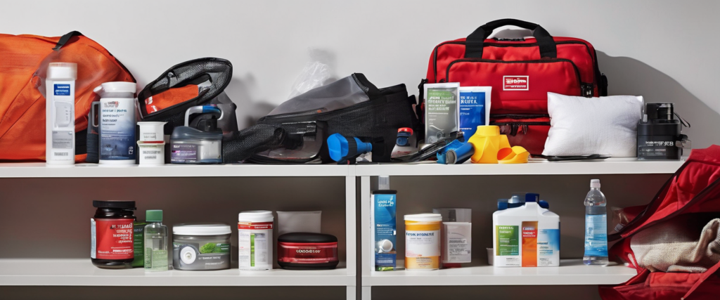 Illustration for survival gear, emergency preparedness, disaster kits, car emergency kits, home survival kits, first aid kits, survival food, water storage, and practical safety gear
